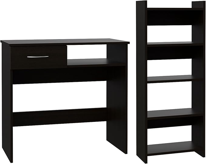 Home Office Set - Compact Desk &amp Bookcase Combo with Single Drawer Keyboard Tray - Black