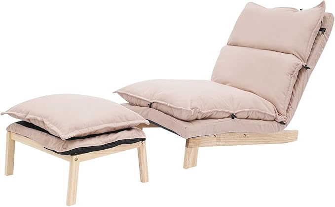 Single Lazy Leisure Chair Adjustable Recliner Balcony Reclining Japanese Tatami Chair with Ottoman Floor Seating Lounge Chair with Backrest and Footrest Upholstered Chair for Living Bedroom (Beige)