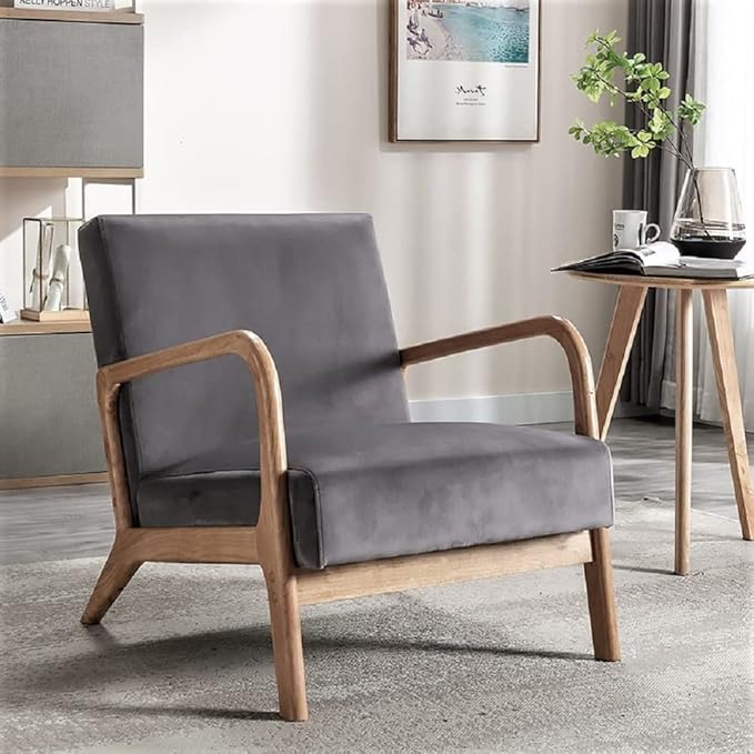 Classic Mid Century Modern Accent Chairs for Living Room or Bedroom Espresso Open ed Armchair with Plush Cushioning and Velvet Fabric Gray