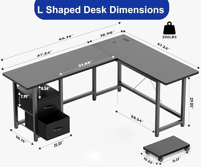 Gizoon 66 L Shaped Gaming Desk with Large Drawers Reversible Corner Desk with Power Outlets &amp Moveable CPU Stand Home Office Computer Desk Black