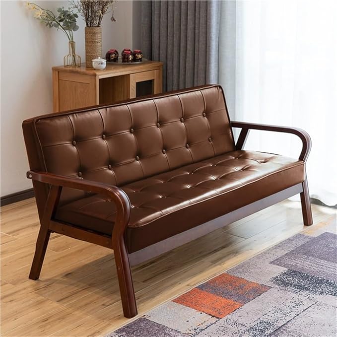 Mid-Century Modern Loveseat Comfy Faux Leather Upholstered Couch Solid Wood Frame Vintage Accent Armchair with High Back for Home Office Waiting Room 45.3''L x 24.4''D x 29.5''H(Brown)