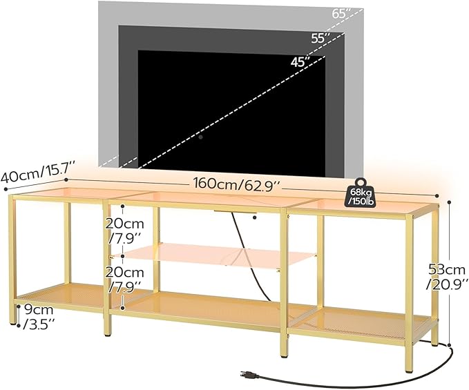 HOOBRO TV Stand with LED Lights and Power Outlets for TVs up to 75 Modern 63 Inch Tempered Glass TV Console Table with Open Shelves Media Entertainment Center for Living Room Gold GD165UDS01