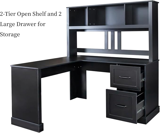 KEIKI L Shaped Home Office Desks with Hutch Drawers Bookshelf &amp Storage Shelves Modern Wooden Computer Corner Table for Work Study Writing