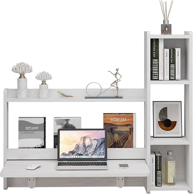Pmnianhua Floating Desk41'' Wall Mounted DeskFold Down Laptop DeskFolding WorkstationSpace Saving Table with Storage for Bedroom Study Room Small Space (Off White-Left)