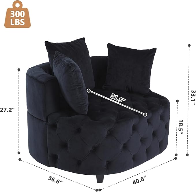 mikibama Black Velvet Accent Chair Upholstered Barrel Chair Lounge Chair with 3 Movable Pillows and Rubber Wood Legs Oversized Round Sofa Chair Reading Chair for Living Room Bedroom Hotel Office