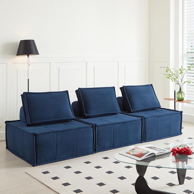 PurrJoys Modular Sectional Sofa 3-Piece 105 Deep Seat Corduroy Lounge Sofa with Movable Cushions Modular Couch for Small Spaces Living Room Bedroom Apartment Office - Blue
