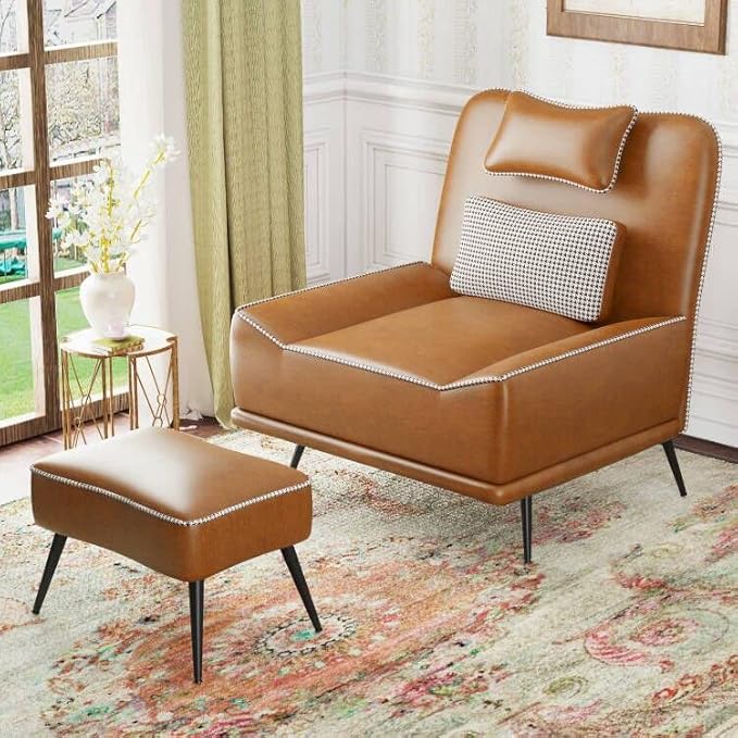 ALISH Modern Accent Chair with Ottoman Upholstered Chair and Ottoman Set Comfort Single Sofa Chair with Removeable Cushion for Living Room Bedroom (PU Brown)