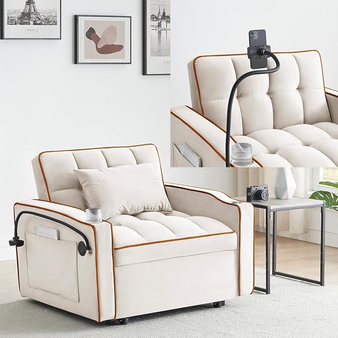 3 in 1 Convertible Sleeper Chair Modern Pull Out Couch Bed Single Recliner with Adjustable Back Velvet Futon Folding Sofa Bed Chair for Living Room Bedroom Small Spaces (Creamy White-2)