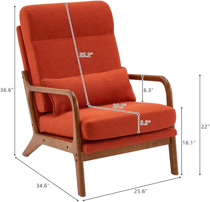 Accent Chair Modern Linen Upholstered Armchair Lounge Chair with Solid Wood Frame and 1 Pillow Comfy Single Sofa Chair Leisure Reading Chair with High Back &amp Armrest for Living Room Bedroom Ora