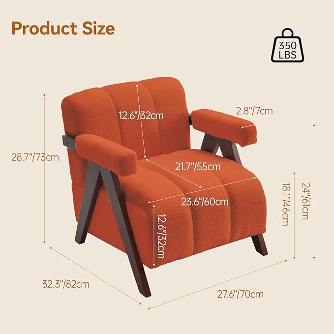 Accent Chair Mid-Century Modern with Wide Backrest for Bedroom Upholstered Living Room Chair with Wooden Lounge Armchair with Thick Cushion Cute Teddy Comfy Chair Orange