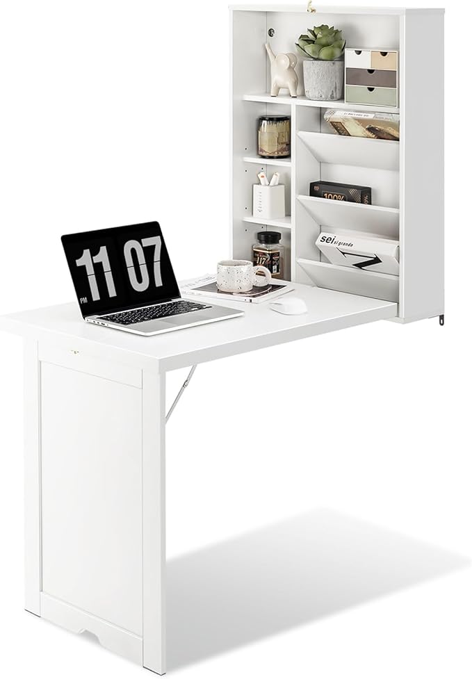 Wall Mounted Desk Fold Out Convertible Desk with Storage Shelves Space Saving Wall Folding Table Home Office Floating Desks for Small Spaces (White)