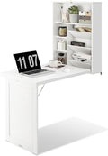 Wall Mounted Desk Fold Out Convertible Desk with Storage Shelves Space Saving Wall Folding Table Home Office Floating Desks for Small Spaces (White)