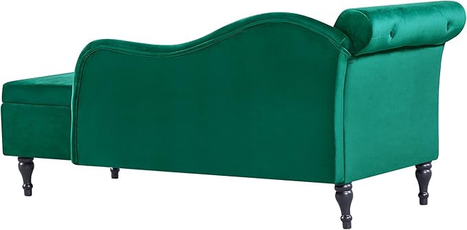 60 Modern Velvet Chaise Lounge IndoorUpholstered Lounge Chair with Left Armrest and Lumbar Pillow Button Tufted Lounge Sofa for Living Room Bedroom OfficeMini Chaise Longue Sofa (Green Storage)