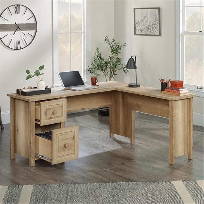 Pemberly Row L-Shaped Engineered Wood Desk Timber Oak Finish 65.12 W x 58.66 D x 29.72 H 1-Drawer Storage File Drawer Cable Management Modern Farmhouse Style Home Office Desk