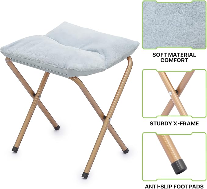 Magshion Folding Saucer Chair for Adults with Ottoman Circle Reading Chair for Bedroom Living Room &amp Dorm Furry Comfy Accent Seat with Metal Leg &amp Thick Padded for Small Spaces (Blue 1 Pac