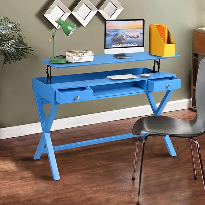 Lift Desk with 2 Drawer Storage Computer Desk with Lift Table Top Adjustable Height Table for Home Office Living RoomBlue