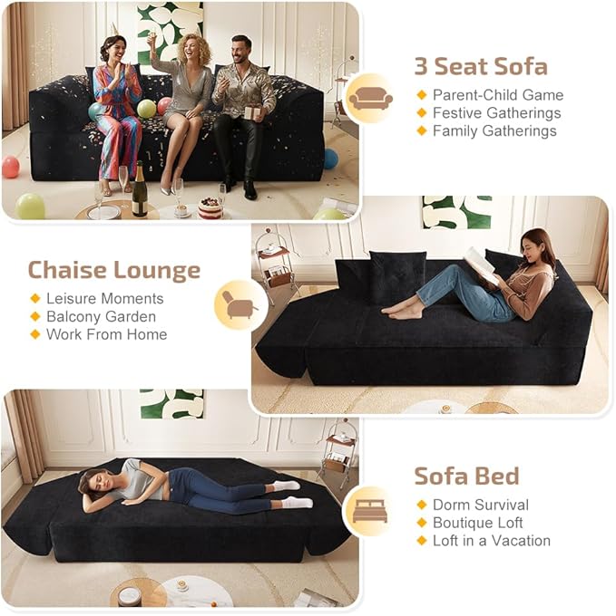 3-in-1 Convertible Folding Sofa Bed 79.5 Queen Size Sleeper Curved Couch Modern Deep Seat Fluffy Couch with 2 Pillows 3-Seater Sofa Sparkling Chenille Fabric Sofa (A-Black 3 Seat)