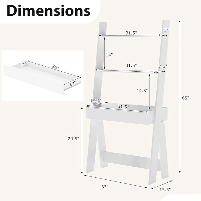 Giantex 3 Tier Ladder Desk with Drawer 33’’ Width Ladder Shelf with Anti-Tipping Device Freestanding Bookshelf Leaning Computer Desk with Shelves for Small Space (White)