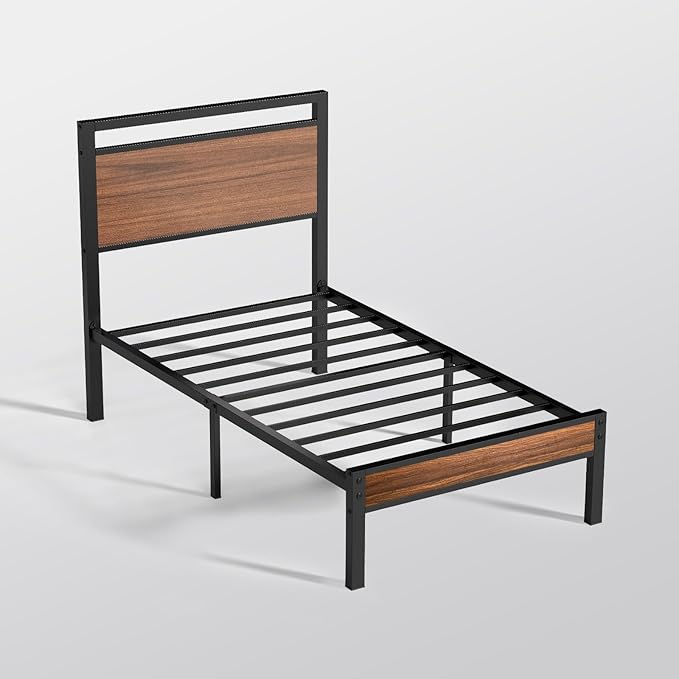 Z-hom Upgraded Twin Bed Frames Heavy Duty Metal Sturdy Bed Frame Twin Size with Modern Wood Headboard &amp Footboard Stable Platform Bed Furniture Bed Storage No Noise No Box SpringsWalnut