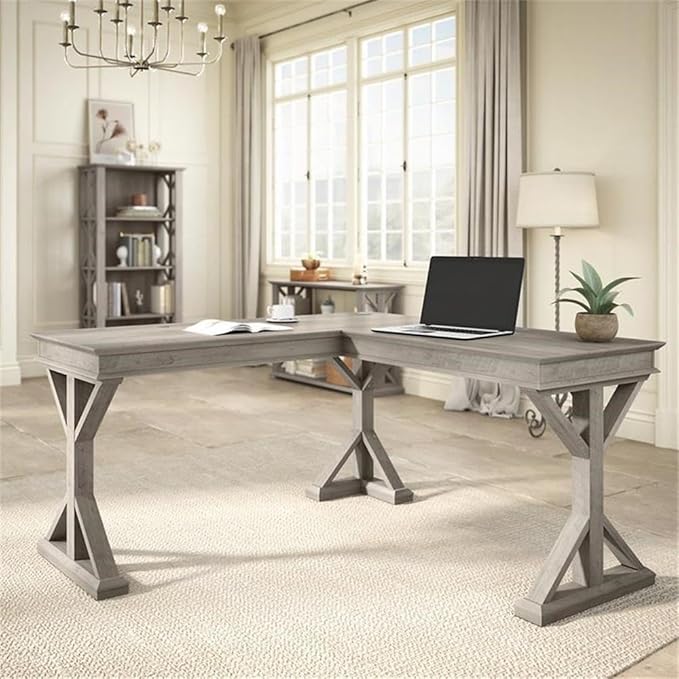 Pemberly Row 60W L Shaped Desk Driftwood Gray Finish Engineered Wood Farmhouse Style Built-in Wire Management Durable Home Office Desk for Workspace or Corner Placement
