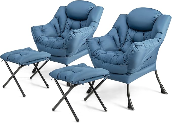 KOMFOTT Lazy Chair with Ottoman Set of 2 Leisure Upholstered Reading Sofa Chair with Armrests &amp Side Pocket Modern Lounge Accent Chair with Folding Footrest for Living Room Bedroom Balcony Bl