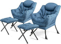 KOMFOTT Lazy Chair with Ottoman Set of 2 Leisure Upholstered Reading Sofa Chair with Armrests &amp Side Pocket Modern Lounge Accent Chair with Folding Footrest for Living Room Bedroom Balcony Bl