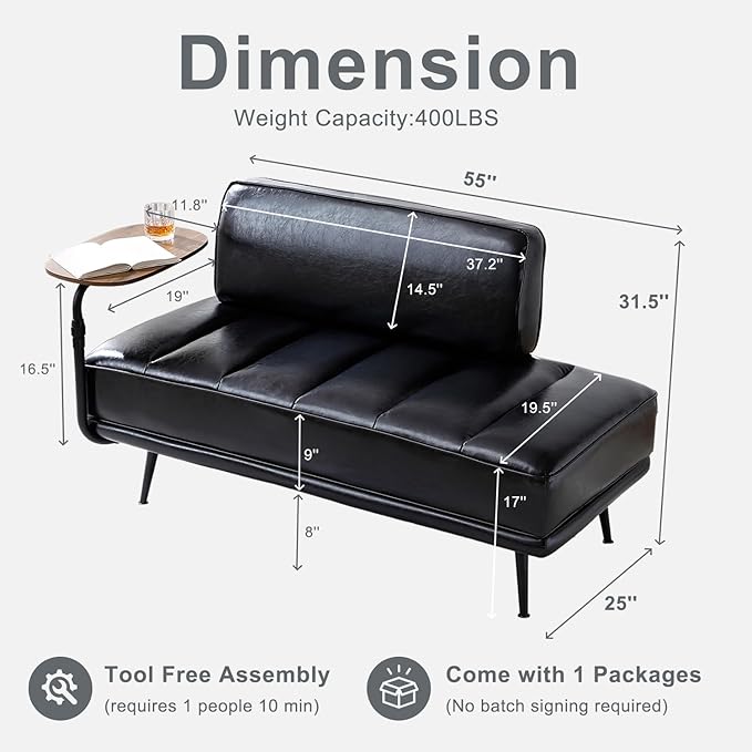 55 Faux Leather Upholstered Sofa Entryway Ottoman Modern End of Bed Bench with Side Table 360-degree Swivel Tray Couch Window Bench with Metal Legs for Bedroom Living Room (Black)