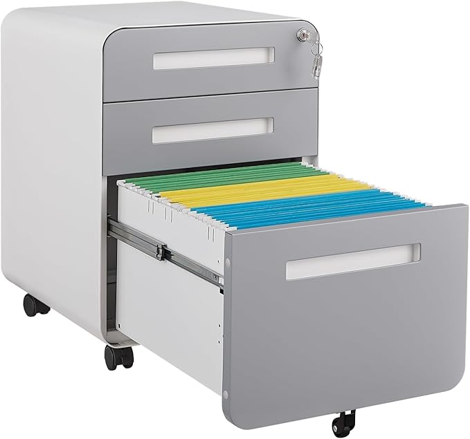Office Pedestal File Cabinet: Lockable Compact Storage Solution for Home Office - Under Desk Cabinet with Removable Pencil Tray Hanging Bar and 5 Utility Wheels (White+Gray)