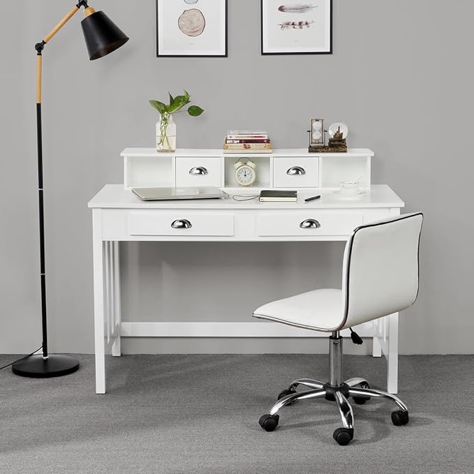 Yaheetech 47 Inch Large Computer Desk White Home Office Workstation with 4 Storage Drawers Modern PC Work Table 23 Deep with Monitor Stand for Screen Wood Stable Executive Table with Large Desktop