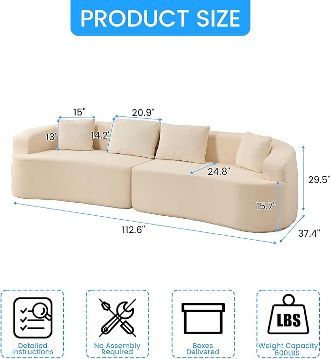 PUREMIND 112 Sectional Couches for Living Room Boneless Comfy Modern Sofa Cloud Sectional Modern Sleeper Couch with Chaise for Bedroom Apartment No Assembly Required (Beige)