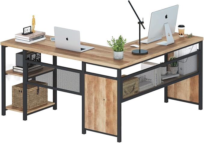 FATORRI L Shaped Computer Desk with Wood Shelves Industrial Rustic Home Office Corner Desk with Metal Legs (Rustic Oak 59 Inch)