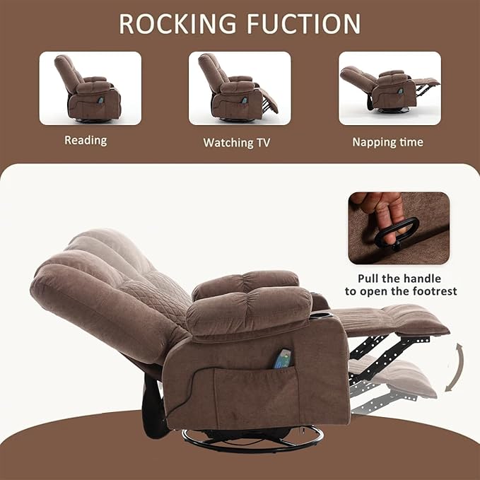 Oversized Rocker Recliner Chair with Massage and Heat Overstuffed Fabric Swivel Recliners Lounge Chairs for Adults Manual Home Theater Recliner with Cup HoldersUSB Charge PortBrown