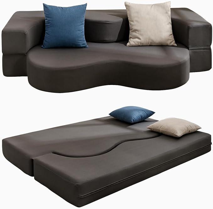 PUREMIND 77'' Folding Sofa Bed Full Convertible Floor Sofa Bed with Foam Filling 2-in-1 Fold Out Floor Sleeper Sofa Couch Leathaire Fabrics Lazy Floor Couch for Living Room Bedroom Guest Room
