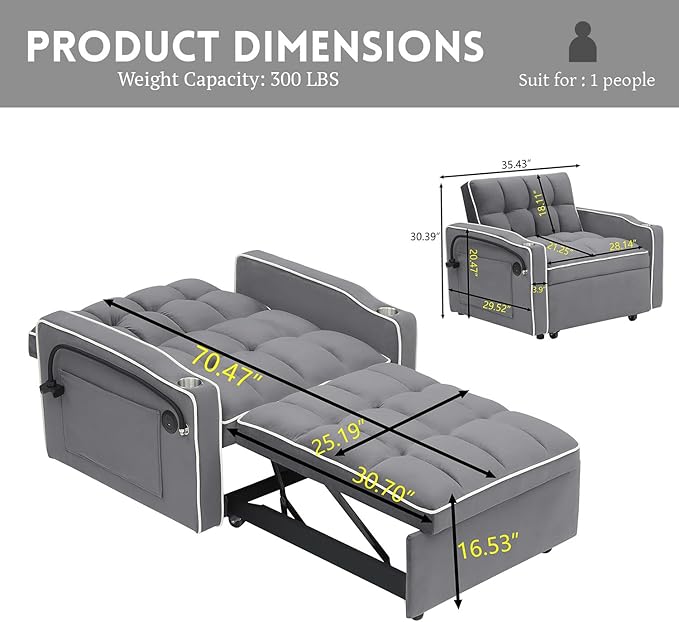 3 in 1 Sleeper Chair BedVelvet Convertible Sleeper SofaPull Out Bed Chair with USB Port &amp Ashtray and Swivel Phone Stand &amp Storage PocketsModern Sofa for Living Room