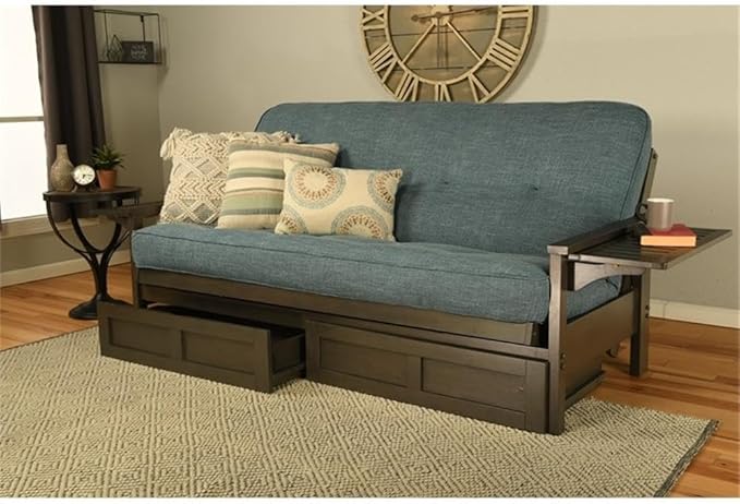 Kodiak Furniture Alamosa Full Size Futon Frame with Storage Drawers - Wood Sofa Sleeper Frame with Mattress Included in Linen Aqua Blue Color