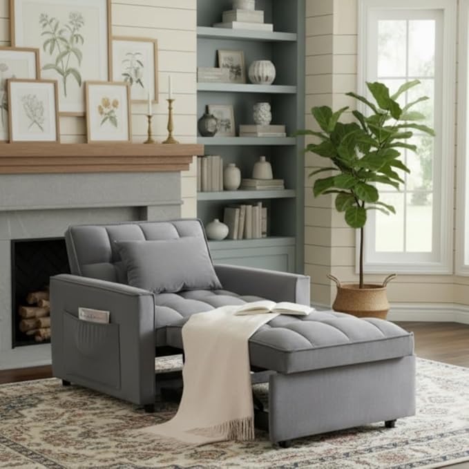 Convertible Sleeper Chair Pull Out Chair Sleeper with Adjustable Back &amp Pocket Chairs Bed Sleepers for Adults 3 in 1 Sofa Bed Chairs for Small Spaces Living RoomGray