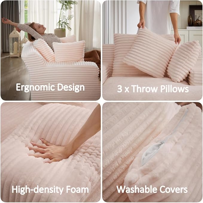 50 Inch Oversized Chaise Lounge Chair Corduroy Upholstered Sleeper Sofa Bed with Spring Cushion No Assembly Lazy Boneless Chaise Lounge for Bedroom Office Pink
