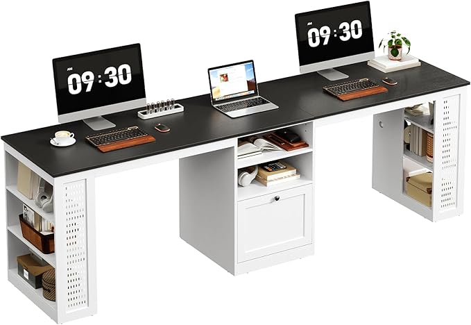 Farmhouse 96.5 Computer Desk for 2 Person Two Person Desk with Drawer &amp Shelves Long Writing Desk with Rising Table and Pegboard for Home Office Black and White