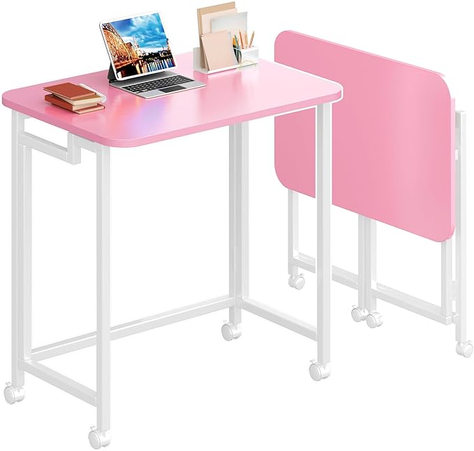 4NM 23.6 Mobile Small Rolling Computer Desk Folding Laptop Cart Table with Wheels Portable Office Desk for Small Space Couch Bed - Pink and White