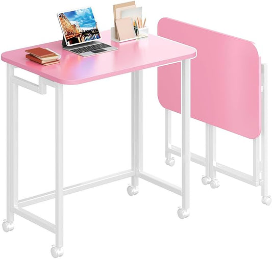 4NM 23.6 Mobile Small Rolling Computer Desk Folding Laptop Cart Table with Wheels Portable Office Desk for Small Space Couch Bed - Pink and White