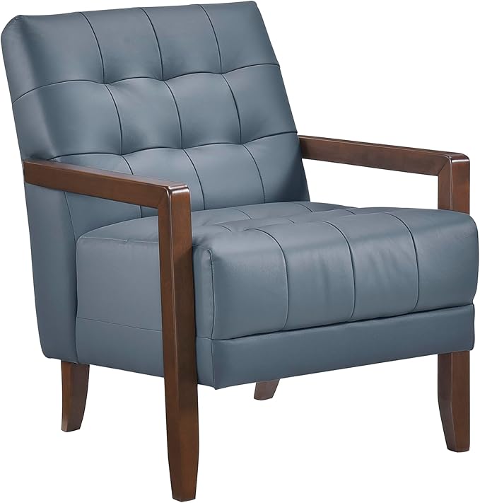 Lexicon Modern Accent Chair Luxury Genuine Leather Match Living Room Chair with Tufted Cushions Solid Wood Frame and Arm Rest Comfy Upholstered Single Seat for Bedroom/Reading/Office Blue