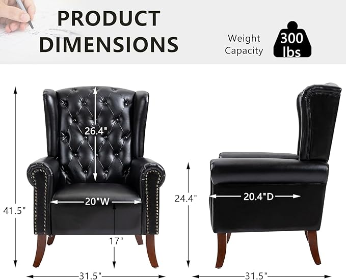 MOJAY Faux Leather Accent Chairs Set of 2 Mid-Century Modern Living Room Chairs Upholstered Club Arm Chair Single Sofa Chair with Solid Wooden Legs for Bedroom Study Home Office Lounges (Black)