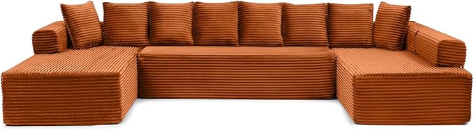 145 Oversized Cloud Boneless Sectional Sofa with Chaise Corduroy U Shaped Modular Couch with Deep Seat Fixed Frame Comfy Corner Sofa No Assembly Required (Orange)