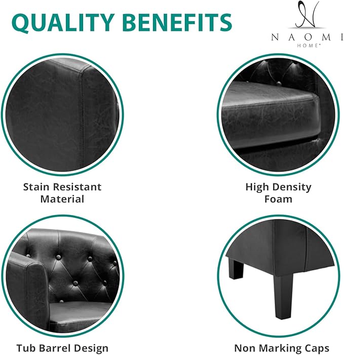 Naomi Home Emma Faux Leather Accent Seating Modern Tufted Design with Wooden Legs Supportive Back for Living Room Bedroom or Office – Black