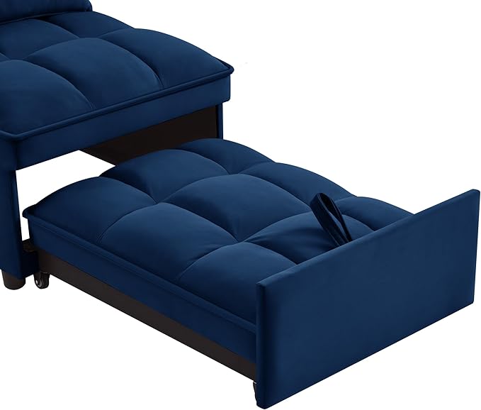 3 in 1 Convertible Sleeper Sofa Chair Velvet Tufted Single Pull Out Couch Bed with Adjustable Backrest and Pillow Multi-Function Chaise Lounge with Pockets for Livingroom Home OfficeNavy