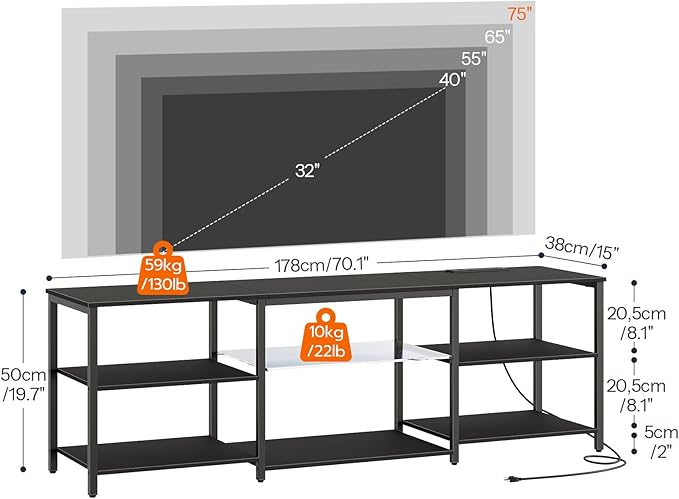 HOOBRO LED TV Stand for 75 Inch TVs with Charging Station Gaming Entertainment Center with 3-Tier Open Storage Long 70.1” Media TV Console Table TV Stand for Living Room Bedroom Black BB22UDDS01
