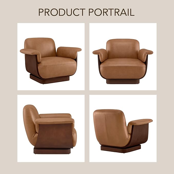 CHITA Genuine Leather Swivel Chair with Storage Ottoman Modern Living Room Accent Chair with Lounge Seat for Bedroom Office Saddle