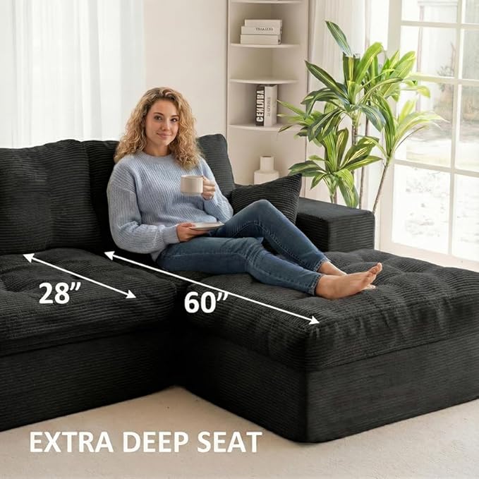 105 Convertible Sectional Couch with L-Shape Chaise Modern Modular Sofa with Deep Seat 3-Seater Comfy Cloud Couches (Black Cloudy Couch with Right Facing Chaise)