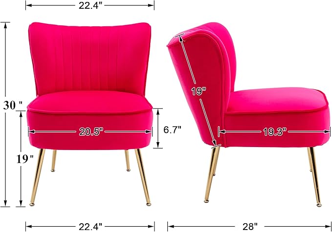 DUOMAY Modern Accent Chair Set of 2 Velvet Slipper Chair with Gold Legs Wingback Side Chair for Living Room Bedroom Entryway Small Corner Chair for Space Saving Rose Red