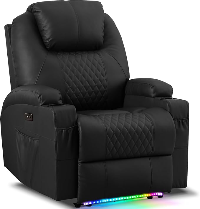 AHMED Power Recliner Chair with Vibration Massage &amp Heat for Adults Faux Leather Home Theater Seating with Cup Holders/LED Lights/USB Ports/Side Pockets for Living Room Black